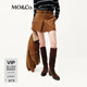 MO&Co.短裙2025冬新品復古游牧翻毛素皮壓褶中腰半身裙附腰帶MBE4SKT031 摩卡棕色 L