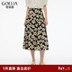 歌莉婭半身裙穿搭2025新款高腰印花半截裙a字裙子1E5R2B140 1DD黑金手繪橘子花 S
