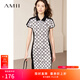 AMII女裝2025夏季新款棋盤(pán)格心型笑臉標牌顯瘦連衣裙小個(gè)子裙 深灰白 S