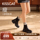 接吻貓KISSCAT江疏影同款追風(fēng)靴冬新款加絨厚底煙筒靴增高切爾西短靴 黑色 牛皮革 36