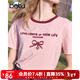 百圖betu女裝2025夏季新款T恤撞色圓領(lǐng)字母植絨工藝短袖上衣女2503X03 粉紅 M