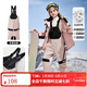 ASK JUNIOR女童褲子冬裝夾棉保暖直筒長(cháng)褲兒童休閑滑雪服背帶褲 粉色 140