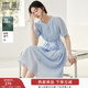香影藍色天絲連衣裙女2025夏季新款萊賽爾收腰系帶圓領(lǐng)泡泡袖裙子 藍色 L 165/88A/110-125斤