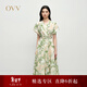 OVV2025春夏新款女裝溫柔優(yōu)雅疊門(mén)襟清新印花飛袖連衣裙 尤加利綠 XS