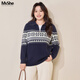 MsShe【費爾島提花翻領(lǐng)毛衣】大碼女裝2025冬裝胖mm寬松高彈上衣 A款-藏青藍色現貨 4XL