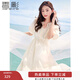 香影（xiangying）泡泡袖連衣裙女2025夏裝新款絕美鏤空鉤花萊賽爾天絲v領(lǐng)裙子 米色 L