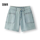 森馬（Semir）森柔|牛仔褲女夏季做舊半松緊腰短褲復古潮流直筒褲103325122001
