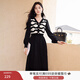 香影v領(lǐng)收腰連衣裙女2025秋冬新款針織拼接條紋簡(jiǎn)單大方長(cháng)袖裙子 黑色 S
