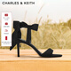 CHARLES&KEITH一字帶緞面蝴蝶結綁帶高跟涼鞋子女鞋生日新年禮物CK1-61720177 BLACK TEXTURED黑色紋理 38