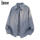IZEXX美式復古格子長(cháng)袖襯衫男款春季通勤休閑寬松上衣外套ZSK53藍色XL