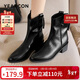 意爾康女靴顯瘦V口粗跟騎士短靴尖頭西部牛仔靴 29318W 黑色    38   