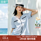 茵曼法式撞色V領(lǐng)襯衫2025夏季女裝新款休閑寬松顯瘦泡泡袖襯衣 天藍色 S