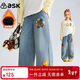 ASK JUNIOR兒童褲子2025冬季中大童加絨保暖牛仔褲女童繡花休閑長(cháng)褲 藍色