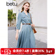 百圖betu女裝春季新款工裝高腰A字七分可調節袖連衣裙女2402T86 淺藍 S