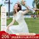 百圖betu女裝2025夏季新款連衣裙抽褶泡泡袖國風(fēng)印花收腰裙子2503T91 米白 M