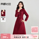 尚都比拉新年紅花邊小香風(fēng)連衣裙女秋季圓領(lǐng)收腰顯瘦厚粗花呢裙優(yōu)雅中長(cháng)裙