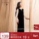 三彩2025冬季新款假兩件絲絨連衣裙開(kāi)叉長(cháng)裙復古直筒裙優(yōu)雅S