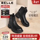 百麗（Belle）復古時(shí)裝靴女冬季新款商場(chǎng)柔軟羊皮舒適粗跟加絨短靴E5S1DDD5 黑色-單里 36 (230mm)
