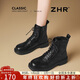 ZHR馬丁靴女冬平底騎士短靴英倫瘦瘦女靴加絨保暖皮鞋KR10A黑色40