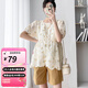 婧麒孕婦夏裝短袖寬松上衣蕾絲鏤空托腹闊腿短褲兩件套裝外出 杏色小黃花上衣Jwc50323 L