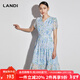 藍地（LANDI）2023年夏季新款淺藍色v領(lǐng)印花碎花連衣裙女雪紡中長(cháng)裙子 淺藍色 S