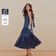 茵曼（INMAN）茵曼法式掛脖碎花刺繡無(wú)袖連衣裙26夏女裝新款長(cháng)款裙子 深藍色 L