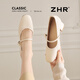ZHR則則頭層牛皮革瑪麗珍鞋女百搭珍珠小皮鞋溫柔粗跟單鞋女 KM62米色37