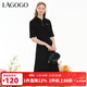 LAGOGO黑色休閑翻領(lǐng)連衣裙女拉谷谷夏季新款氣質(zhì)收腰短袖中長(cháng)裙 黑色(W1) L
