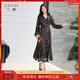 三彩2025秋季新款碎花連衣裙法式V領(lǐng)收腰A字裙長(cháng)裙浪漫S 黑米花卉 XL 170/92A