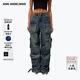 ANN ANDELMAN【明星同款】酷颯水洗重工多口袋工裝牛仔褲寬松百搭 藍色 S