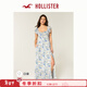 HOLLISTER25秋法式一字肩露肩小飛袖連衣裙女裝359-5298 藍色碎花 XS (84A)短版