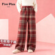 5+（FivePlus）女童加絨褲子一體絨冬裝闊腿褲童裝格子褲（僅褲子）紅格130
