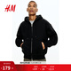 H&M男裝女裝衛衣寬松美式加絨拉鏈情侶裝休閑連帽重磅開(kāi)衫1240531 黑色009 L 175/108