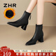 ZHR短靴女氣質(zhì)尖頭英倫風(fēng)女靴通勤風(fēng)粗高跟洋氣小短靴 Y1015A黑色 38