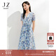 玖姿·安娜蔻氣質(zhì)輕熟風(fēng)V領(lǐng)碎花連衣裙女海邊中長(cháng)款顯瘦印花裙子夏短袖茶歇裙 花天藍 S