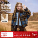 ASK JUNIOR兒童外套2025冬季中大童翻領(lǐng)撞色格紋夾克女童長(cháng)袖呢子大衣