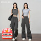 Olrain【5折】灰色美式休閑工裝褲女夏季新款復古運動(dòng)高腰長(cháng)褲 灰色 M 160/68A/M