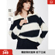 ELLE【cozy巴黎】法式大翻領(lǐng)綿羊毛條紋針織衫女2025春季新款新年毛衣 條紋 L