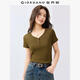 佐丹奴短袖T恤女彈力坑條針織V領(lǐng)紐扣上衣修身氣質(zhì)小衫女13325342 85沉香褐 XL