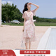 香影粉色碎花雪紡連衣裙女2025夏季新款花卉今年流行荷葉邊方領(lǐng)裙 銀牡丹色 M 160/84A/95-110斤
