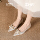 ZHR則則粗跟結婚鞋女新款法式秀禾婚紗單鞋女水晶不累腳女鞋 IE76香檳37