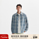 CHINISM CH仿水洗復古藍格子長(cháng)袖襯衫外套男春秋款美式寬松襯衣休閑上衣 藍色 M （建議120-140斤）