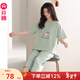 芬騰純棉睡衣女款夏季短袖七分褲薄款可愛(ài)少女休閑大碼家居服套裝 灰綠 M 建議：90-110斤