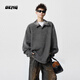 OEMG 老錢(qián)風(fēng)格紋襯衫領(lǐng)衛衣男士秋冬季加絨加厚保暖假兩件上衣外套 T5075深灰色 常規 【高品質(zhì)】 XL [建議110-130斤]
