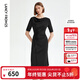 朗姿法式收腰氣質(zhì)一步裙顯瘦黑色長(cháng)款連衣裙女夏季新款 黑色 S