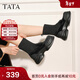 他她（TATA）厚底英倫樂(lè )福鞋女鞋瘦瘦彈力襪靴短靴冬新款CCJ02DZ4 黑色 37