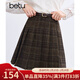 百圖betu女裝冬季新款半身裙高腰毛呢格紋A字百褶裙裙子女2411T68 咖格 L