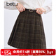 百圖betu女裝冬季新款半身裙高腰毛呢格紋A字百褶裙裙子女2411T68 咖格 M