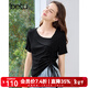 百圖betu女裝2025夏季新款不規則設計抽繩收腰潮流短袖T恤女2504T09 黑色 M