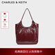 CHARLES&KEITH柔軟褶皺大容量單肩托特包包女包生日禮物新年禮物CK2-30782457 Burgundy葡萄酒紅色 大包